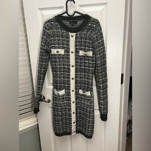 Chic Black and White Tweed Cardigan Dress